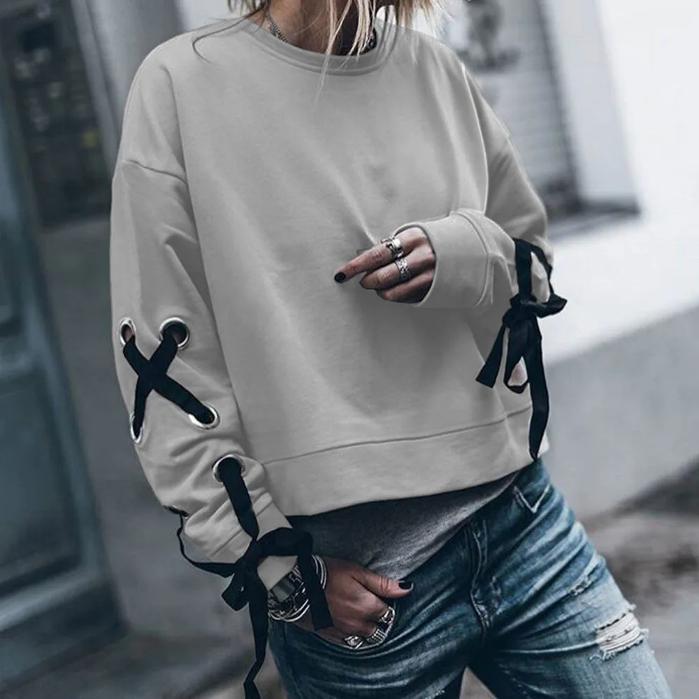 Осенние женские толстовки 2019 Корейская шнуровка простая длинный рукав короткая