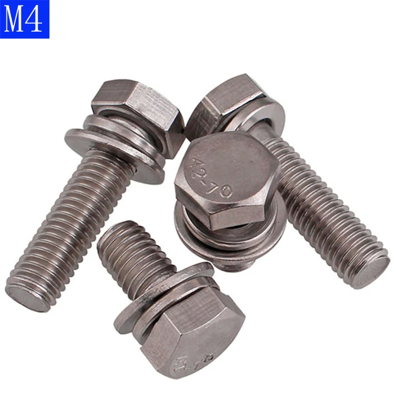 

M4 - 0.7 304 Stainless Steel SEM Hex Head Bolts+ Flat / Spring Washers Screws A2 - 70