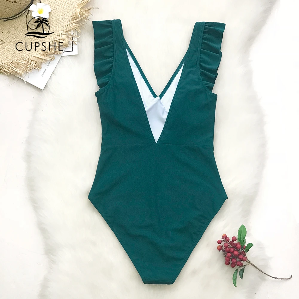 CUPSHE зеленый бирюзовый цельный купальный костюм женский купальник с рюшами и