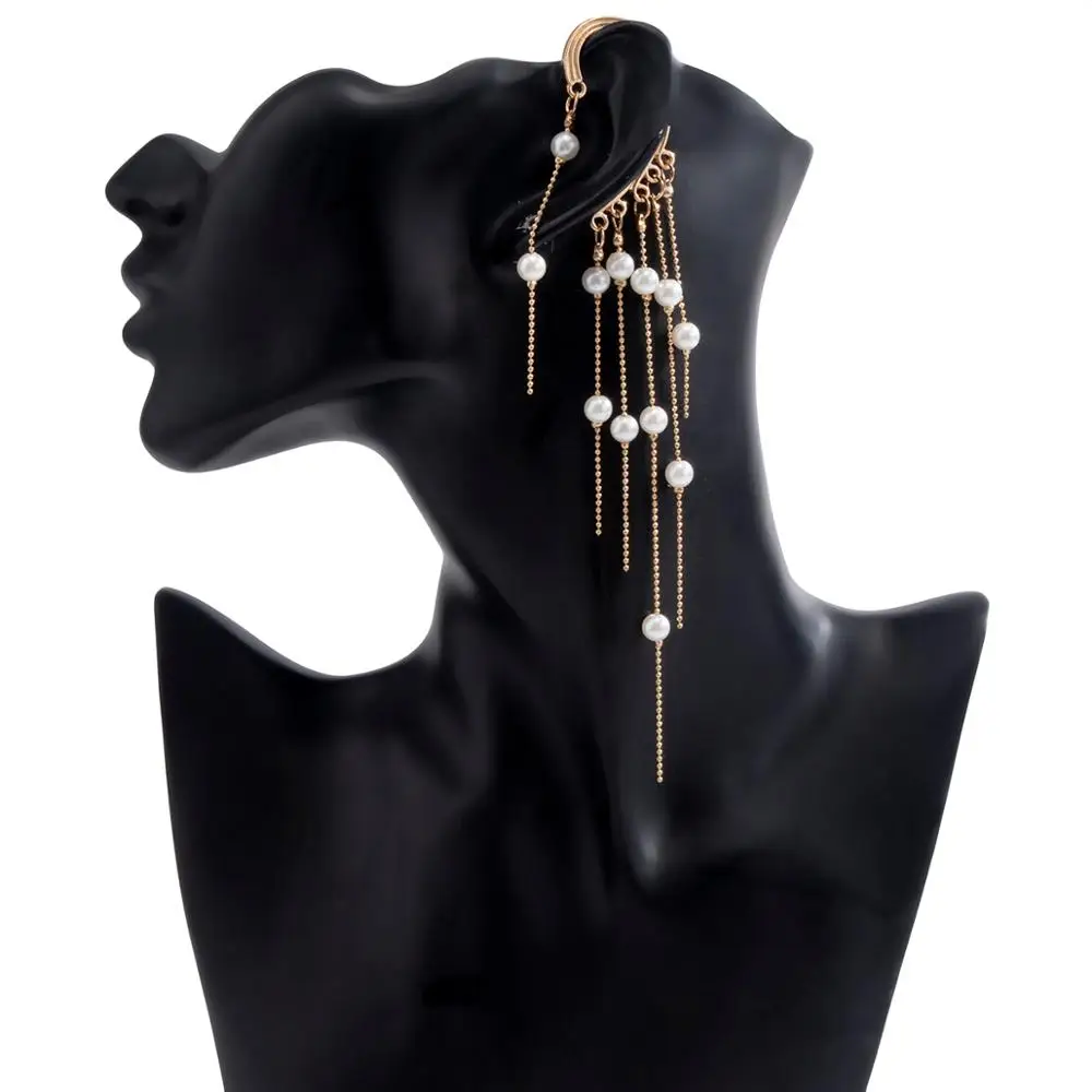 

IngeSight.Z Elegant Imitation Pearl Long Tassel Errings Half Moon Clip Earrings Without Piercing Earcuff for Women Clips Jewelry