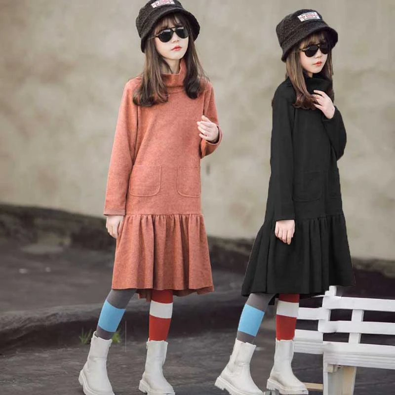 

High Neck Spring Teenage Girl Dress 2021 Fashion Children Kids Clothing Autumn Winter Mother And Daughter Dresses Black Kahki