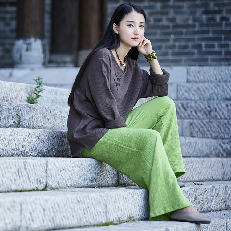 Широкие брюки свободные женские с карманами простые двухслойные хлопковые