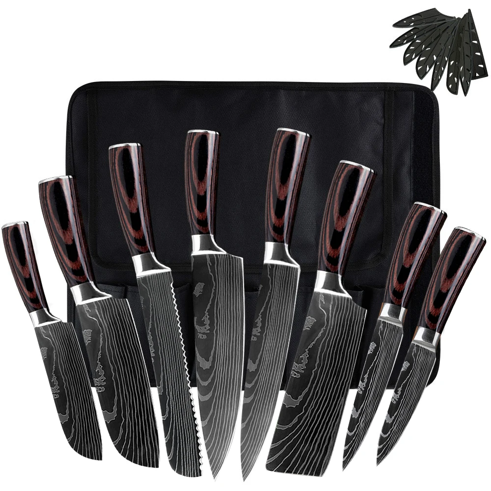

Muz Damascus Stainless Steel Kitchen Knives Set 8 Pieces Chef Knife Damascus Pattern Kitchen Cooking Gadgets Tools with Roll Bag