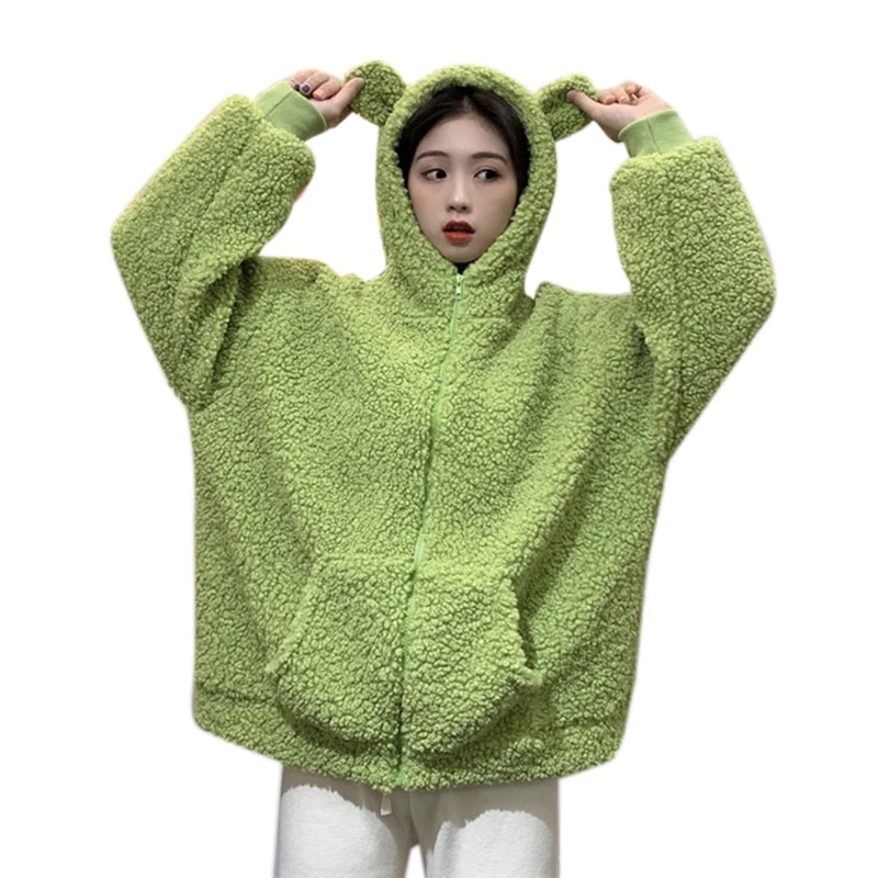 Women Cute Frog Eyes Zip Up Hoodie Jacket Fuzzy Plush Warm Oversized Loose Coat