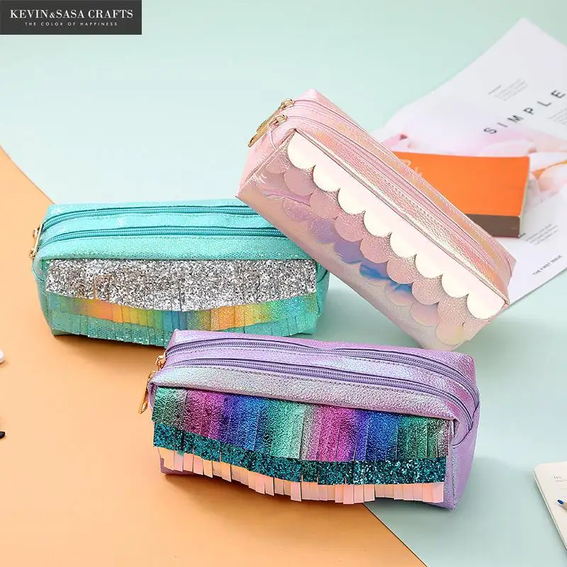 Супер большой чехол для карандаша из искусственной кожи с блестками и кисточками