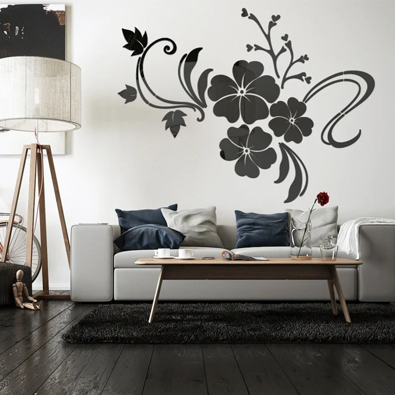 

Exquisite Flower Wall Stickers Mirror Acrylic Decorative TV Sofa Background Wallpaper Decals Quality 3D Murals Posters 5 Colors