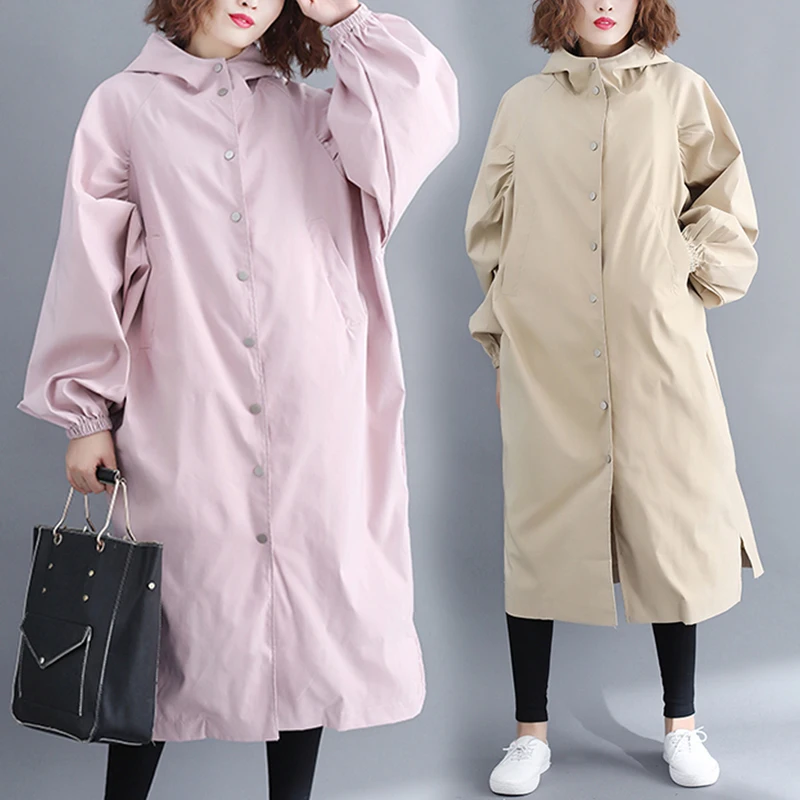 

autumn new diagonal pocket windbreaker jacket women single-breasted high collar hooded lantern sleeve mid-length cardigan coat64