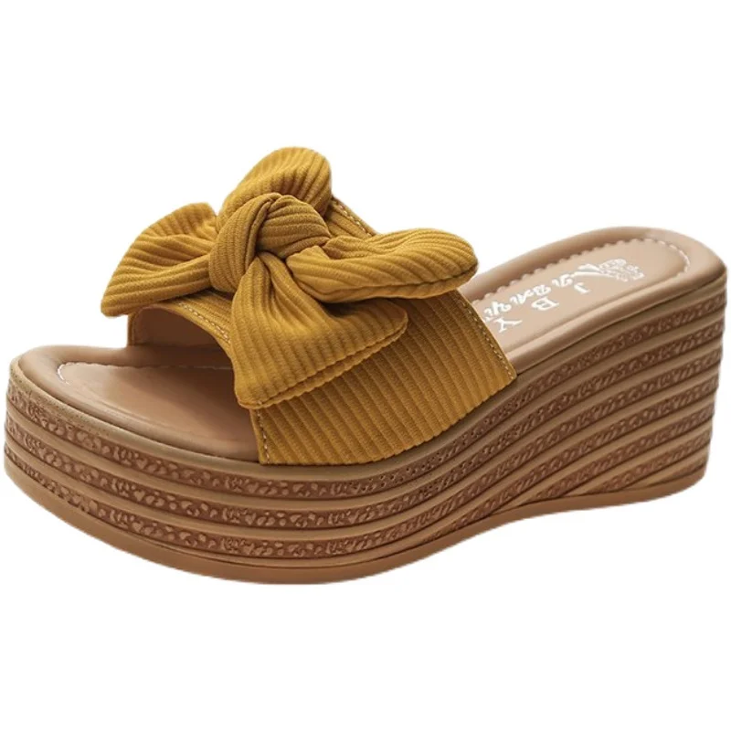 

Slippers Casual High-Heeled Shoes Lady Summer Clogs Woman On A Wedge Butterfly-Knot Peep Toe Slides Platform Luxury Beach Flat P