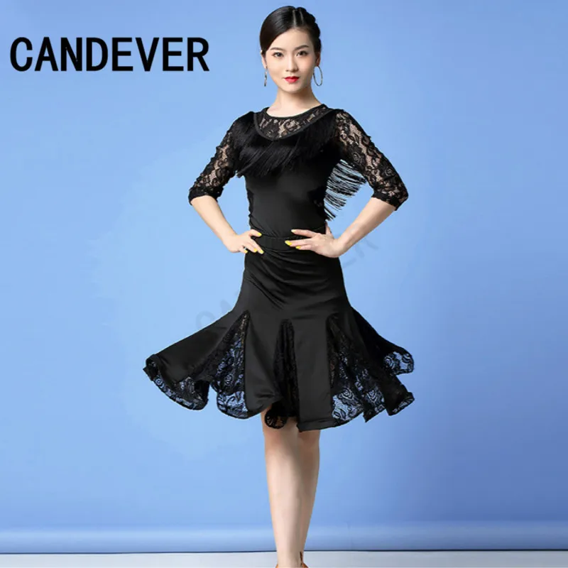 2020 new adult Modern Ballroom Latin Dance Dress lace top skirts tassel Fringe Salsa Tango Wear Performance Stage | Тематическая