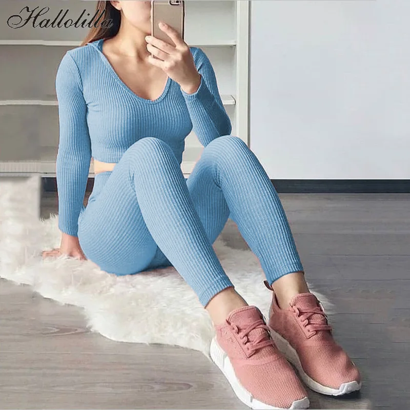 

Комплект из двух предметов, повседневный пуловер, Conjunto Feminino, v-образный вырез, однотонный, полная длина, Roupas, Женский комплект из двух предмет...