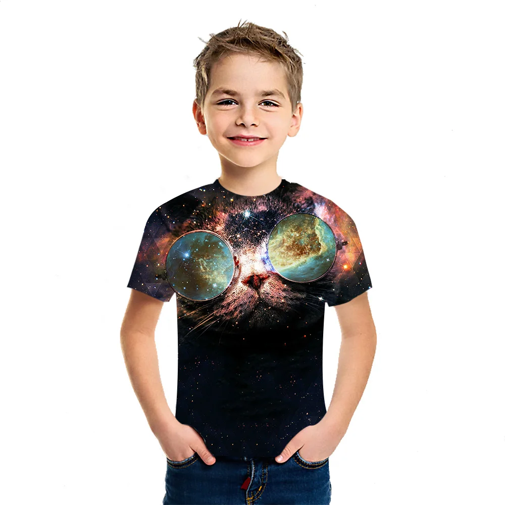 

Funny Cat 2021 Summer T-Shirt Cotton New Children's Loose 3D Printing Top Boys And Girls' Personalized Casual Sports Short Sleev