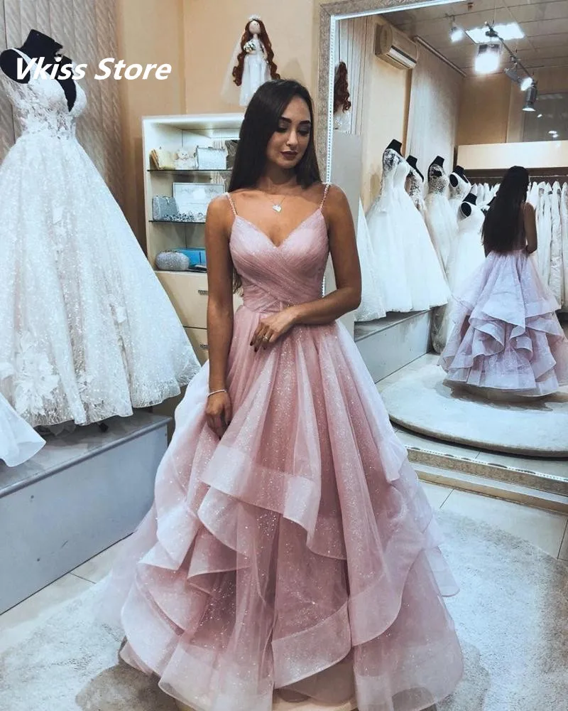 Купи Cute Pink Evening Dress Long 2022 Shiny Tulle Folds Backless Elegant Formal Dress Spaghetti Straps Vestidos De Noche Recommend за 6,758 рублей в магазине AliExpress