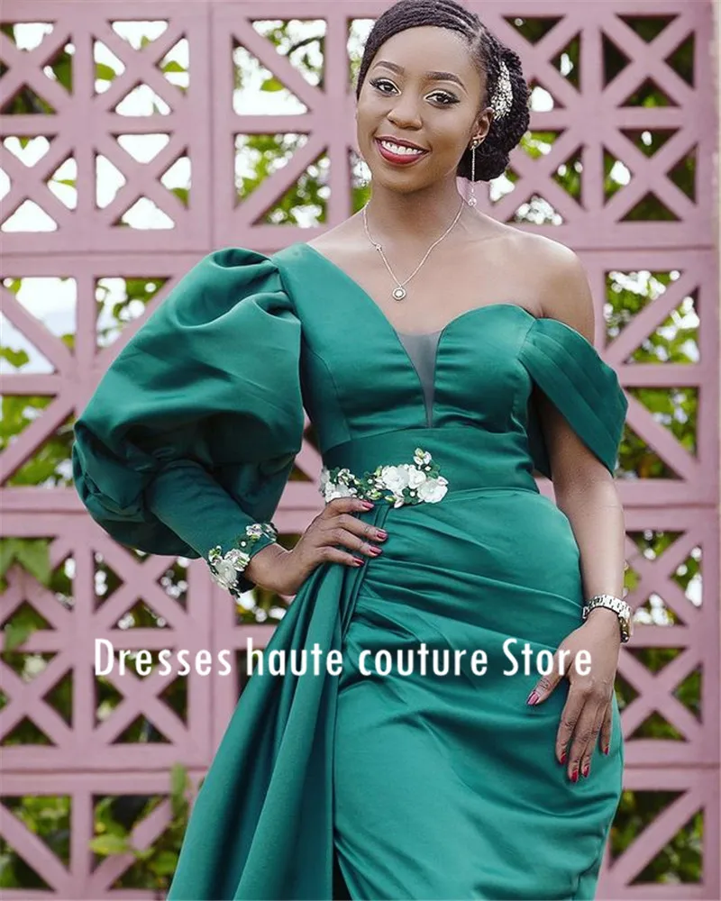 

Aso Ebi Green One Shoulder Prom Dresses Style Lace Applique Beaded Peplum Evening Gowns Plus Size African Formal Party Dress