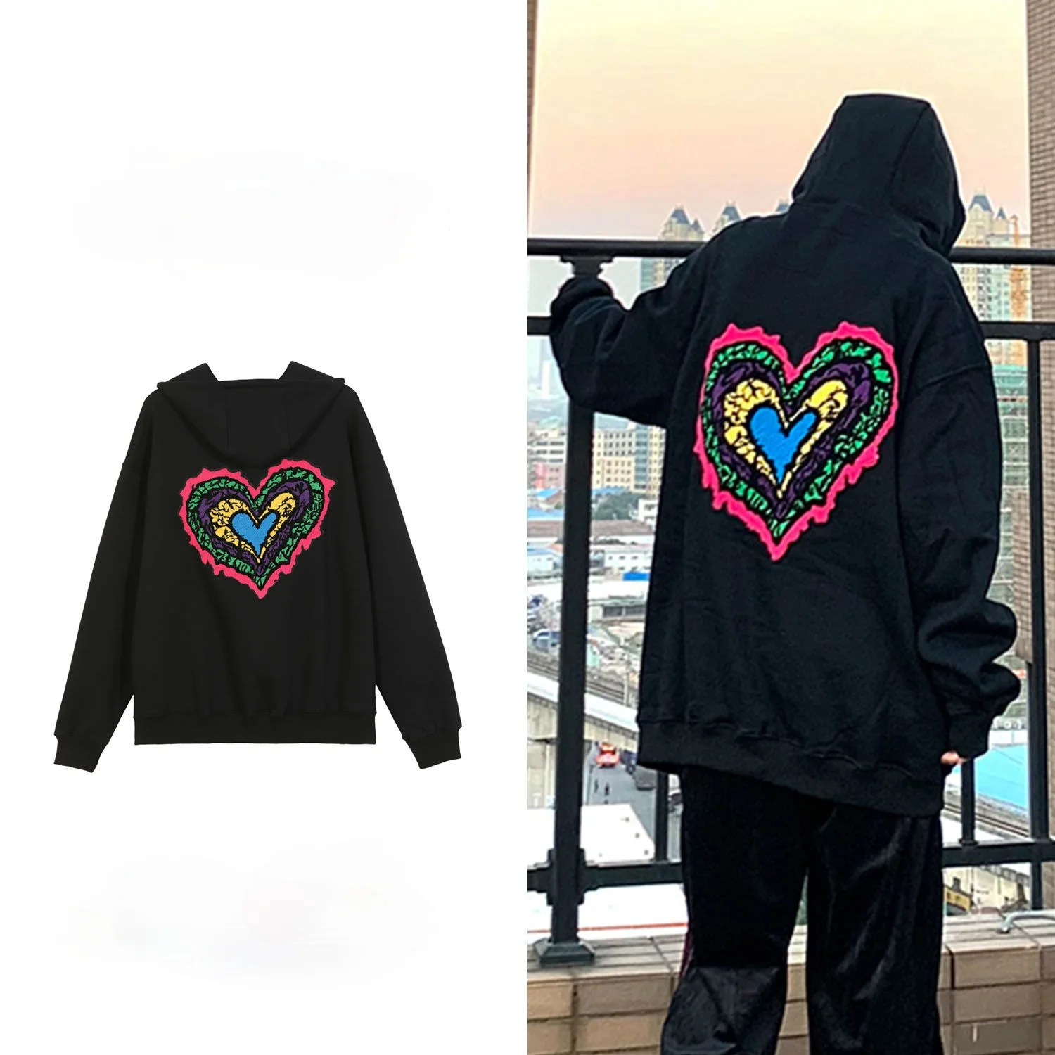 

Hoodies Girls and boys Spring and Autumn thin American retro love print lovers fashion line jacket with hoodie Oversized hoodie