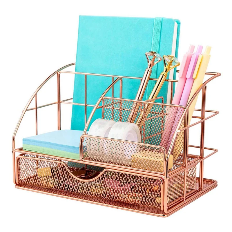 

1 Pcs Desk Organizer with Drawer & 2 Pcs Magazine File Holder, Triple-Cornered 4-Slots Record/Book Organizer Rack