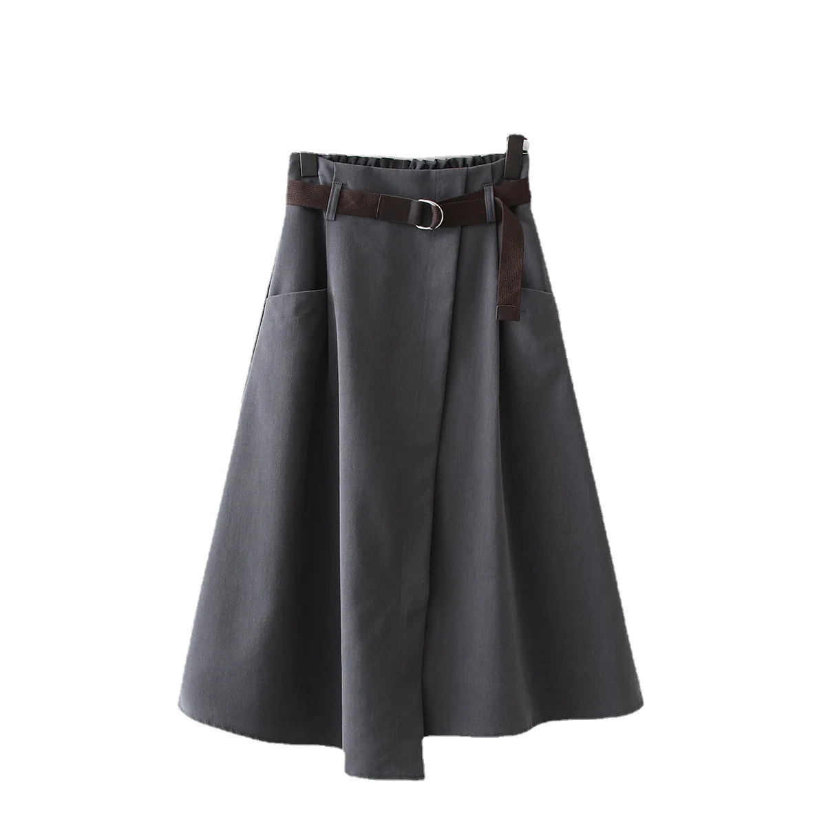 

TFETTERS Solid Color with Belt Pocket A Line Skirt New Big Swing Skirt High Waist Slim Asymmetric Skirt Woman