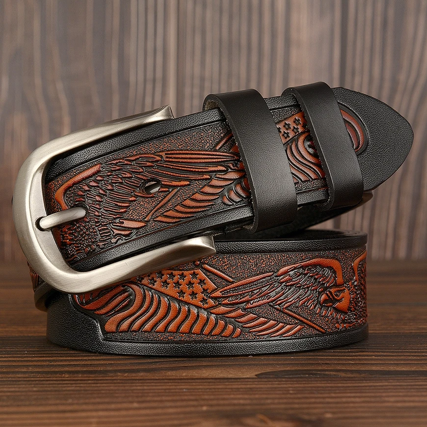 Ремень мужской из натуральной кожи винтажный ковбойский пояс с прессованным