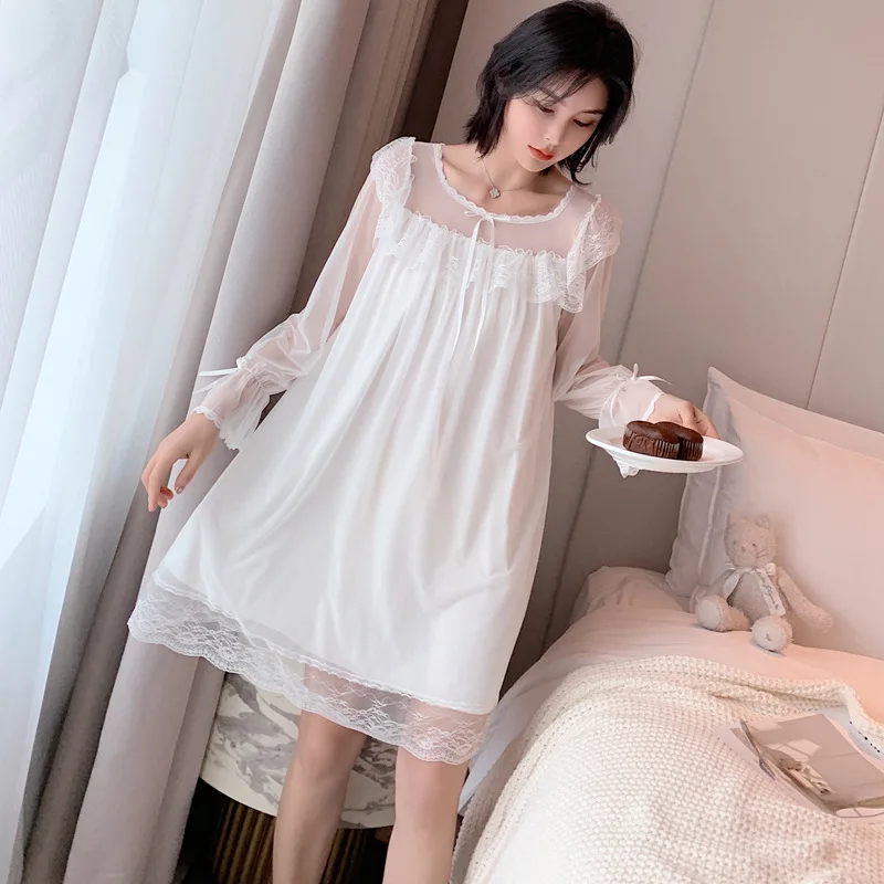 

New Summer Retro Lace Nightdress Women White Long Sleeve Nightgown Homewear Lady Princess Sleepwear Sleepdress