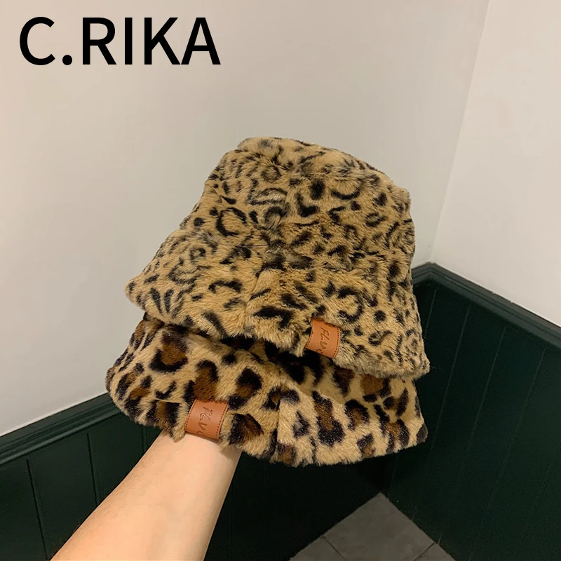 Осень Зима Женская мода искусственный мех леопардовая Панама толстые теплые