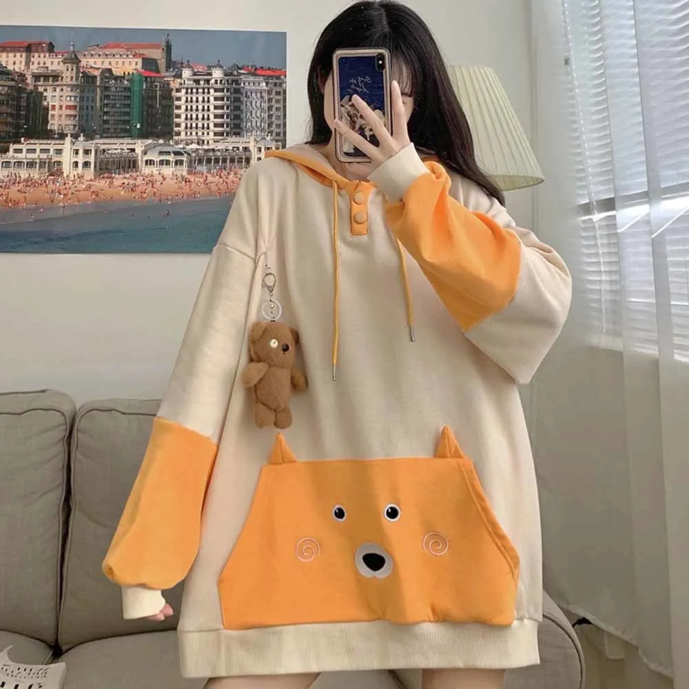 

Весна-Осень 2021, женские толстовки с капюшоном, мягкая Свободная Толстовка с длинным рукавом и мультяшным рисунком, корейская мода, милый пул...