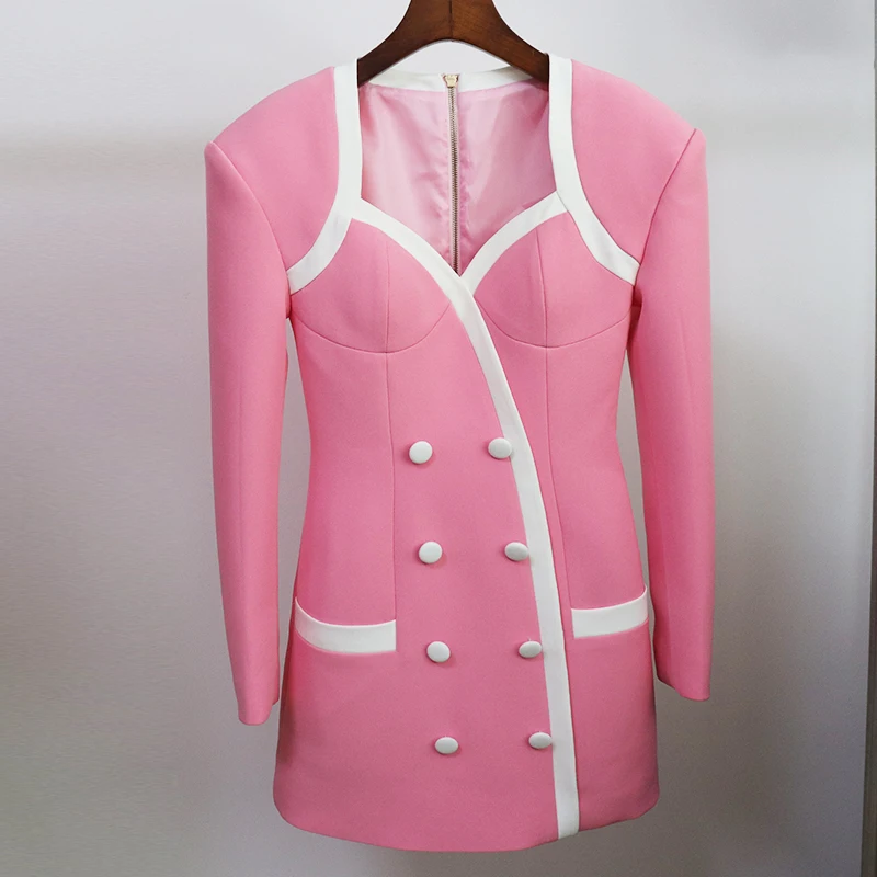 

Newest Designer Dress Women's Extra Shoulder Square Collar Long Sleeve Double Breasted Color Block Mini Dress