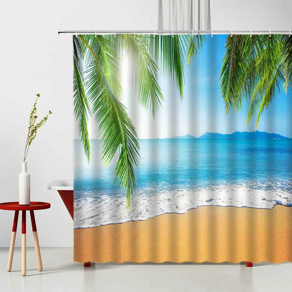 

Bathroom Shower Curtains With Hook Sunny Beach Scenery Bathtub Decoration Mildew Proof Polyester Fabric Bathroom Decoration