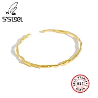 ssteel 925 sterling silver bangles for women concise irregular gold open cuff bracelet bangle argent 925 femme fine jewelry