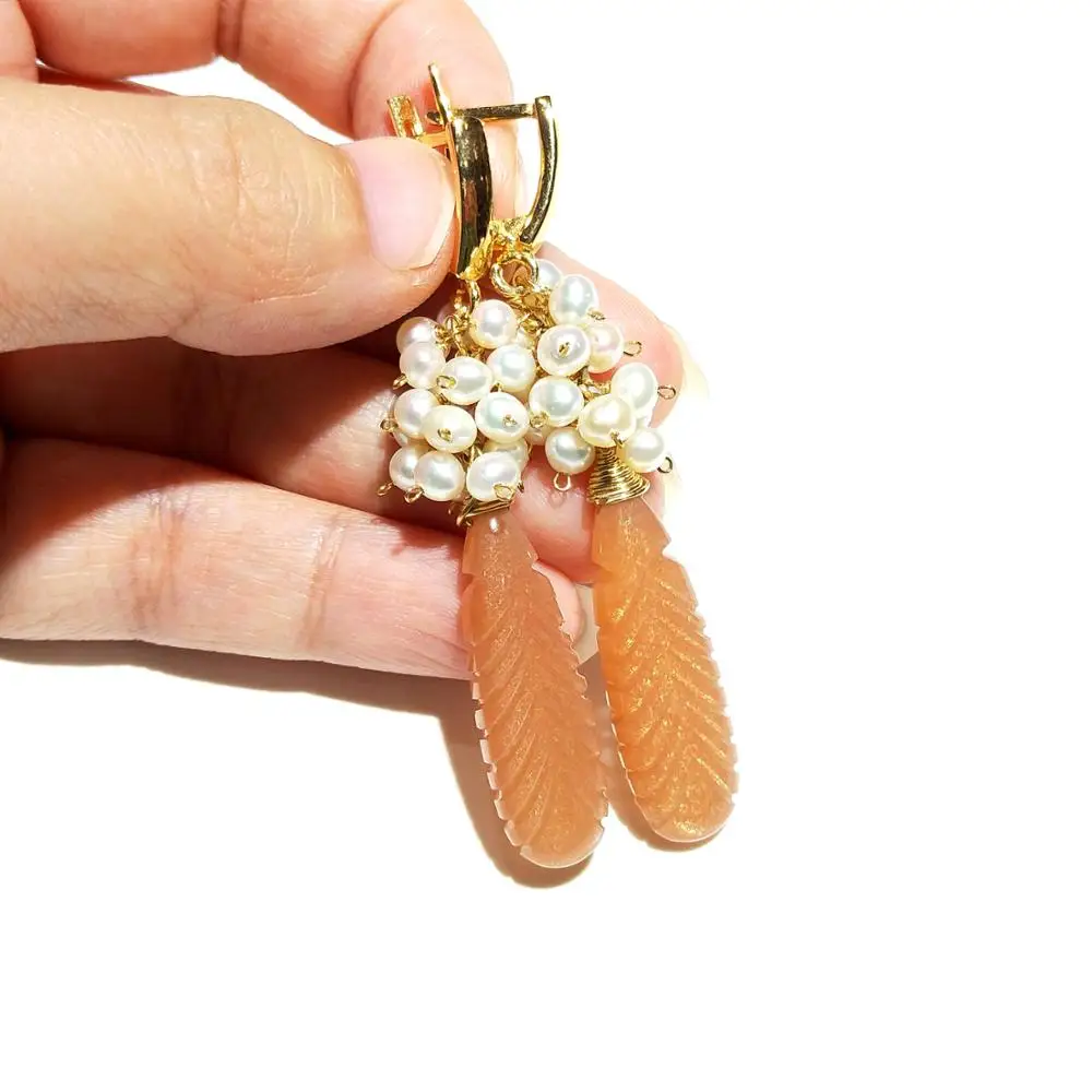 Lii Ji Dangle Earrings Tear Drop Sunstone Freshwater Pearl 925 Sterling Silver 18K Gold Plated Handmade Jewelry Long | Украшения и