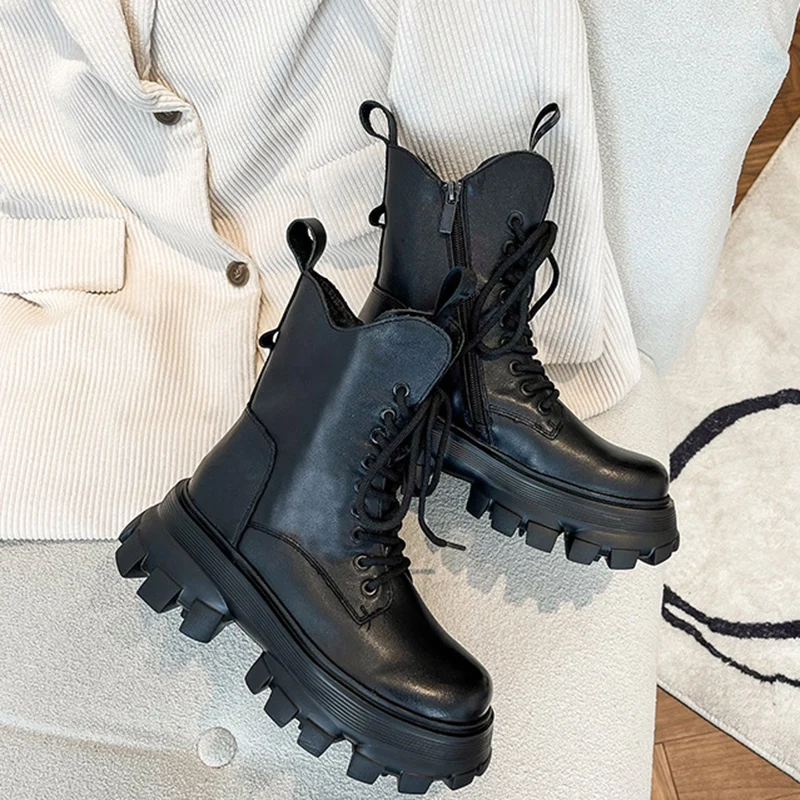 Round Toe Thick Sole Martin Boots New British Style Ins Leather Rough Heel Women Shoes Autumn Winter Lace-up Motorcycle Booties