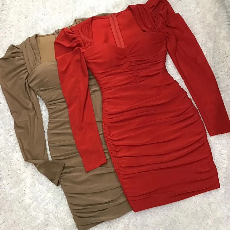 

Ailigou 2021 New Summer Bodycon Bandage Dress Sexy Long Sleeve Mesh Wrinkle Designer Fashion Sexy Celebrity Party Dress Vestido