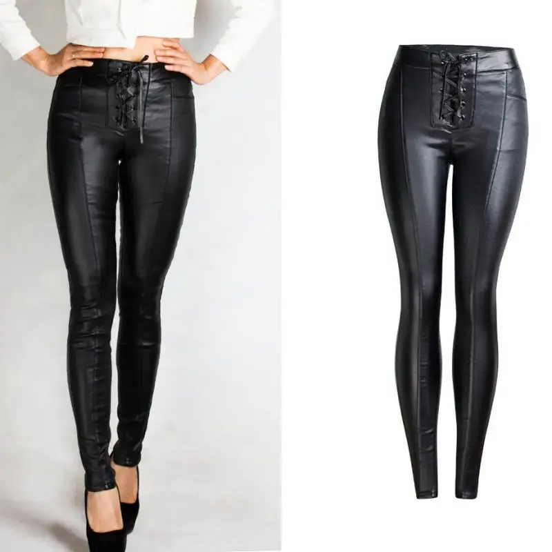 

2021 bind Beld Faux Pu Leather Women Pencil Pants Skinny High Waist Tight Trouser Black Fashion Pants
