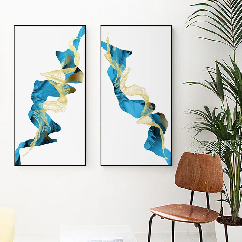 

Fancy Chinese style landscape blue belt golden web Modern decorative Picture Canvas Wall Art Poster for room Porch office decor
