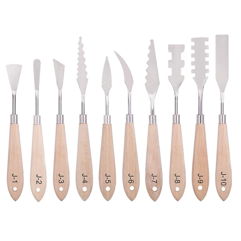 

10 шт., шпатель из нержавеющей стали, палитра ножей, инструменты для рисования, металлические ножи, деревянная ручка для искусственной краски...