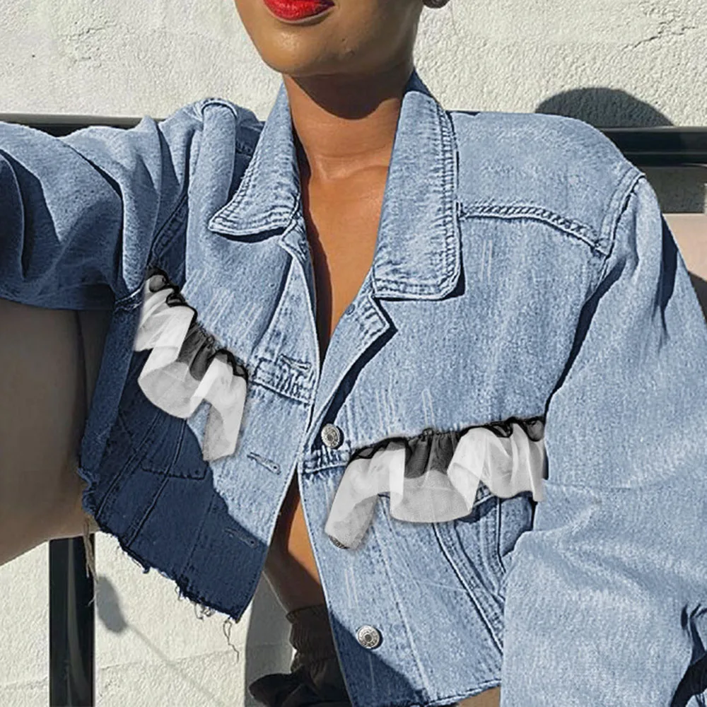 

Denim Jacket 2021 Women New Ruffle Lapel Single Breasted Long Sleeve Solid Color Autumn Fashion Temperament Western Style