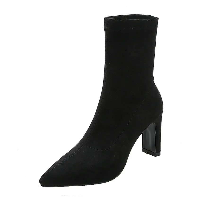 Black Suede QUTAA/ г.; элегантная женская обувь без застежки из флока; повседневные ботильоны с острым носком на высоком каблуке; сезон осень-зима; большие размеры 34-43 - Цвет: Black Suede