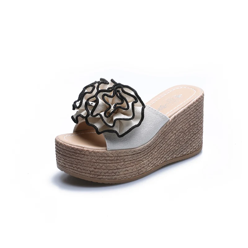 

Slippers Women Summer Flat Shoes Female Luxury Slides Heeled Mules On A Wedge Flower Platform Pantofle Designer High Soft 2021 P