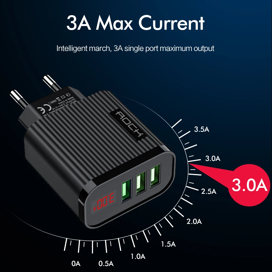 ROCK Digital Display Quick Phone Charger 3 Port USB 3A Smart Fast Travel Wall Adapter For iPhone Samsung Xiaomi | Мобильные телефоны