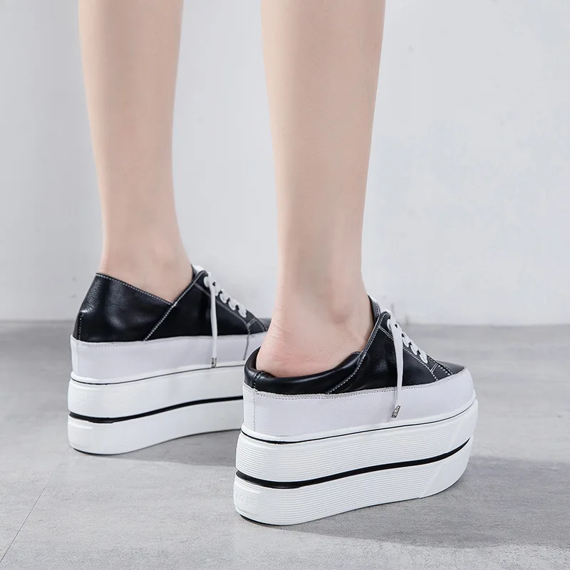 

SWONCO Genuine Leather White Shoes Women Sneakers 10 Cm High Platform Sneakers For Women 2020 New Blacks Chunky Sneakers