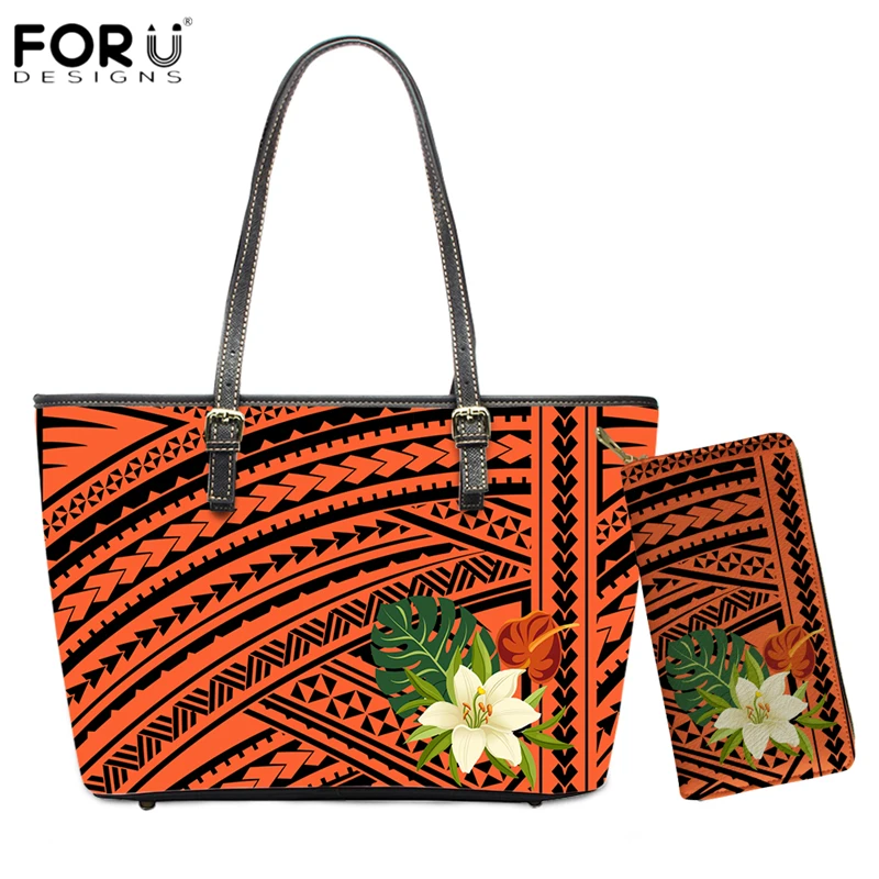 

FORUDESIGNS, Новая модная женская сумка, 2 шт. в комплекте и кошелек, полинезийские племенные сумки-тоуты из искусственной кожи с принтом плюмерии ...