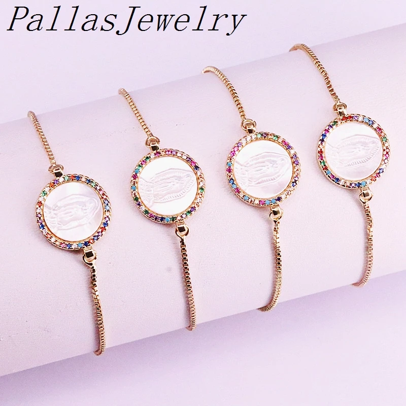 

10Pcs Rainbow Cubic Zirconia Pave Virgin Mary Shell Charm Round jewelry bracelet for women girl gift