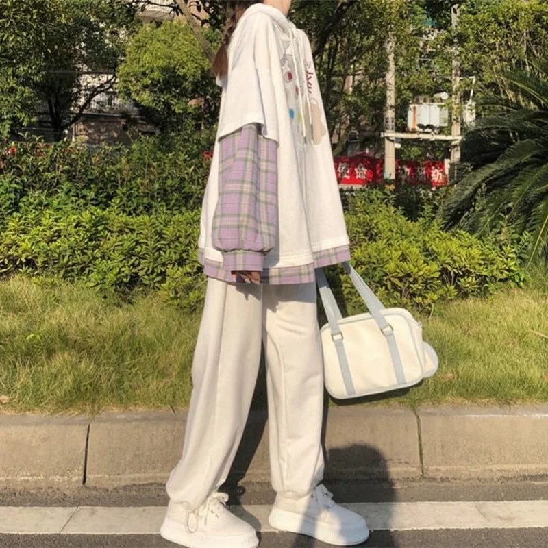 

HOUZHOU Kawaii Anime Plaid Hoodie Japanese Streetwear Soft Girl Cute Aesthetic Teens Long Sleeve Oversized White Pullover Spring