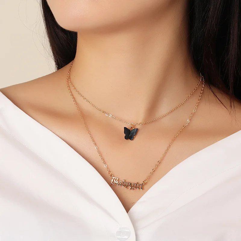 Personality Babygirl Letters Necklace For Female Womens Multicolor Acrylic Butterfly Summer Girls Layers Necklaces Jewelry | Украшения и