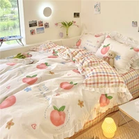 kawaii peach bedding set for home cotton twin full queen size strawberry bear cute fitted bed sheet pillowcases duvet cover