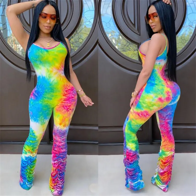 

Stylish Tie Dye Sexy Rompers Women Jumpsuit Elegant One Piece Bodycon 2020 Summer Rompers Club Outfits Pleated Trousers Jumpsuit