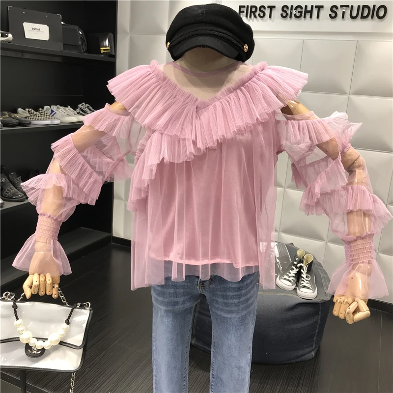 ALPHALMODA с длинным рукавом перспектива сексуальные женские осенние блузки с v-образным воротником гофрированные рукава Дамская мода шифоновый наряд рубашка