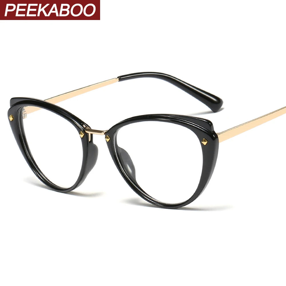 Peekaboo кошачий глаз очки для женщин заклепки полуметаллический аксессуары женские очки Оптические прозрачные линзы леопард черный