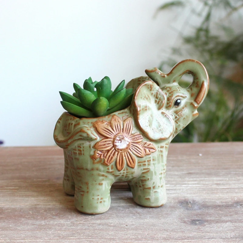

Ceramic Flower Pot Elephant Shape Flower Pot with Drainage Animal Sculpture Crafts Decoration Garden Micro-view Potted