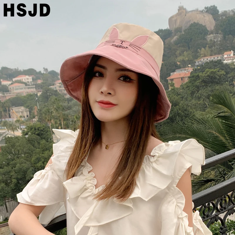 Cute Lovely Cat Ears Bucket Hat Summer Women's Hats Wide Brim Foldable Anti-UV Sun Beach Caps Panama Female Floppy Fisherman Cap