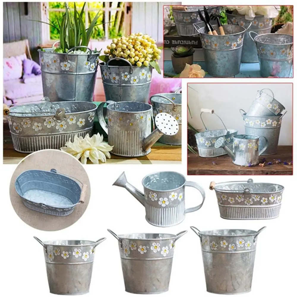 

5PCS Embossed Vintage Iron Flower Pot Desktop Flowers Vase Plant Hanging Balcony Plant Bucket Planting Home Garden Decorations