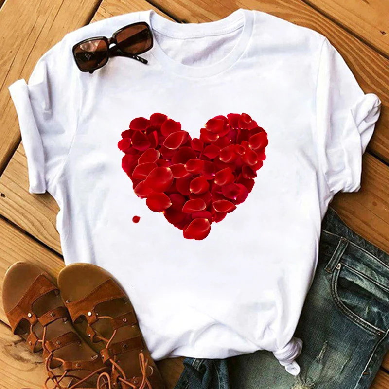 

Love Heart-shaped Printed Women's Casual T-shirt 2021 Fashion Street lovers Kawaii white baggy short sleeve T-shirt Clothes Tops
